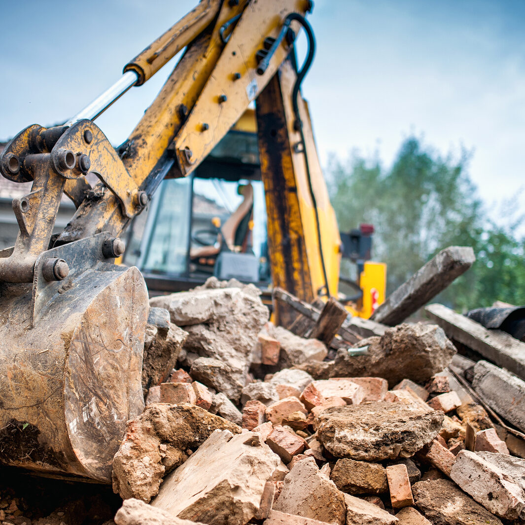Hydraulic Crusher Excavator Backoe Machinery Working On Site Dem Sustainable Materials